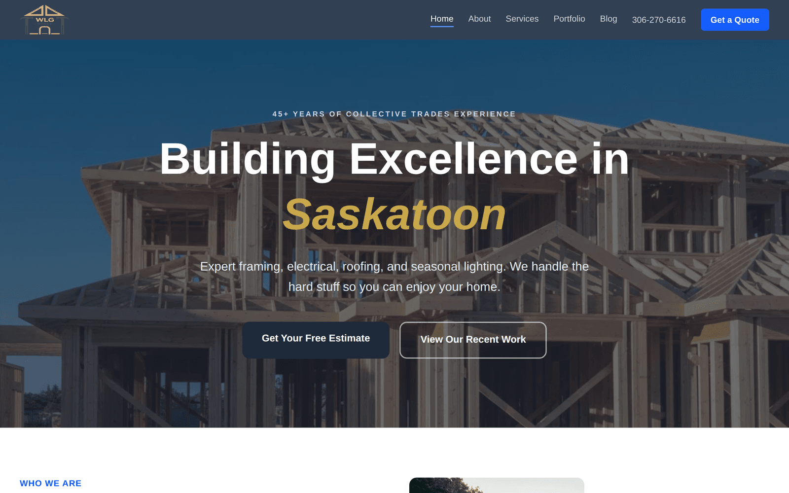 Desktop view of the WLG Homes website